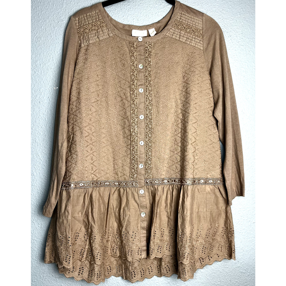 Logo Lavish Eyelet Top Size XS Brown Blouse Drop Waist‎ Fairy Peasant Boho Flowy